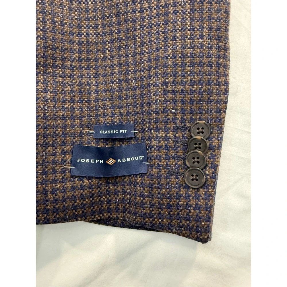 Joseph Abboud Heritage Soft Jacket 46S Navy Brown Houndstooth Wool /Linen Blazer